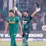 Pakistan's Salman Agha celebrates after scoring a century (100 runs) during the ODI cricket match of Tri-Nation series between Pakistan and South Africa at the National Stadium