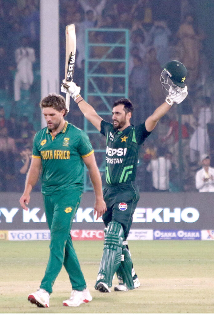 Pakistan's Salman Agha celebrates after scoring a century (100 runs) during the ODI cricket match of Tri-Nation series between Pakistan and South Africa at the National Stadium Pakistan's Salman Agha celebrates after scoring a century (100 runs) during the ODI cricket match of Tri-Nation series between Pakistan and South Africa at the National Stadium