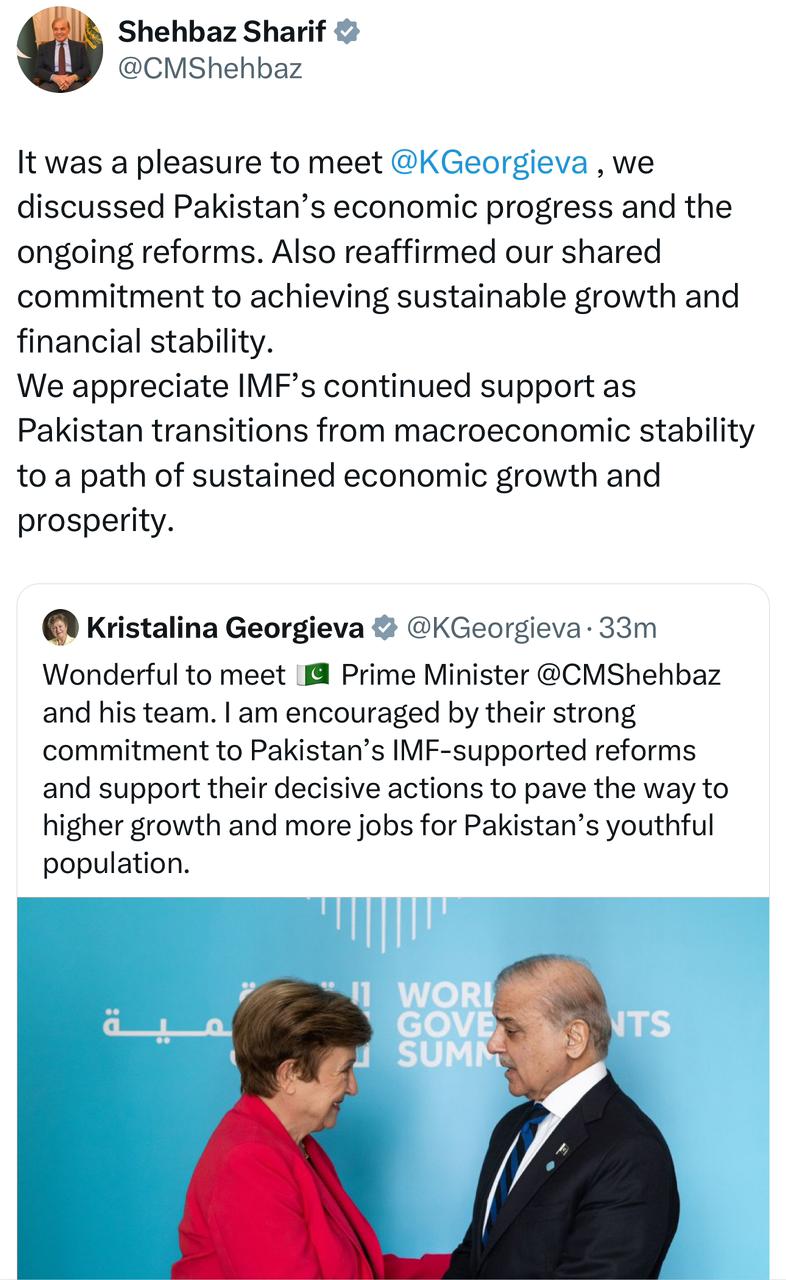 IMF chief meets PM Shehbaz; lauds Pakistan's efforts to implement IMF program; assures support