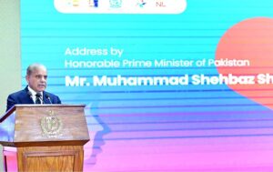 Prime Minister Muhammad Shehbaz Sharif addresses the International Women's Day ceremony.