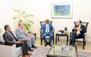 Federal Minister for Finance and Revenue, Senator Muhammad Aurangzeb, meeting with UN Resident Coordinator Mr. Mohammed Yahya and UNICEF Representative Mr. Abdullah Fadil at the Finance Division, senior officials from both sides were also present.