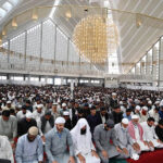 A large number of faithful offering Namaz-e-Juma-tul-Wida (Friday prayer) at Faisal Masjid during holy month of Ramzan
