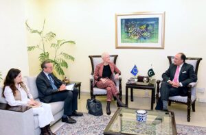 Federal Minister for Finance and Revenue, Senator Muhammad Aurangzeb, holding a meeting with Dr. Riina Kionka, Ambassador of the European Union to Pakistan, at the Finance Division.