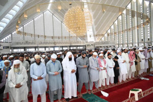 A large number of faithful offering Namaz-e-Juma-tul-Wida (Friday prayer) at Faisal Masjid during holy month of Ramzan