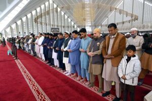 A large number of faithful offering Namaz-e-Jumma (Friday Prayer) at Faisal Masjid during Holy fasting month of Ramzan ul Mubarak.