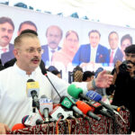 Sindh senior minister for information & Transport Sharjeel Inam Memon addressing during distribution of solar panels under Sindh solar energy project at Rawal house