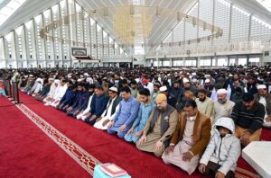 A large number of faithful offering Namaz-e-Jumma (Friday Prayer) at Faisal Masjid during Holy fasting month of Ramzan ul Mubarak.
