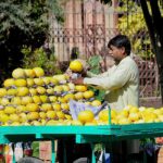 A vendor arranging and displaying seasonal fruit melon to attract customers at his hand cart setup
