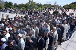 A large number of faithful offering Namaz-e-Jumma (Friday Prayer) at Faisal Masjid during Holy fasting month of Ramzan ul Mubarak.