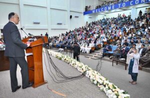 Federal Minister for Planning Development & Special Initiatives Prof. Ahsan Iqbal addressing during a seminar on “The Role of Youth in Uraan Pakistan” at Institute of Management Sciences.