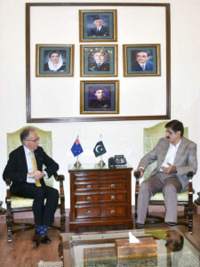 Sindh Chief Minister Syed Murad Ali Shah meets Australian High Commissioner Mr. Neil Hawkins at CM House to discuss bilateral cooperation.