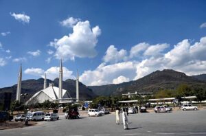 A view of Faisal Masjid as in the background an attractive view of clouds hovering over the skies of Federal Capital.