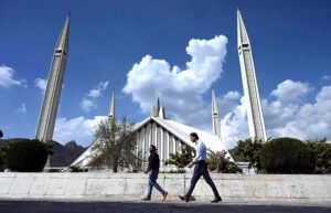 A view of Faisal Masjid as in the background an attractive view of clouds hovering over the skies of Federal Capital.