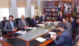 Finance Minister Senator Muhammad Aurangzeb in a meeting with CEOs of leading insurance companies to discuss the sector's growth and policy measures for its development.