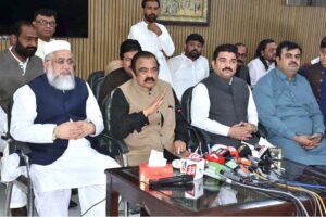 Advisor to Prime Minister on Political & Public Affairs Rana Sanaullah Khan talking to media persons after Eidul Fitr prayers at his public secretariat