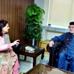 Chairperson BISP Robina Khalid calls on the Federal Minister for Poverty Alleviation and Social Security Syed Imran Ahmad Shah at his office