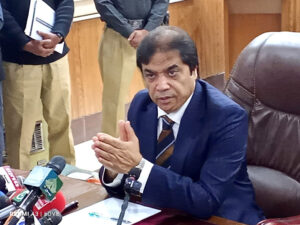 Federal Minister for Railways Hanif Abbasi is talking to media representatives regarding the resumption of train services after the Bolan tragedy