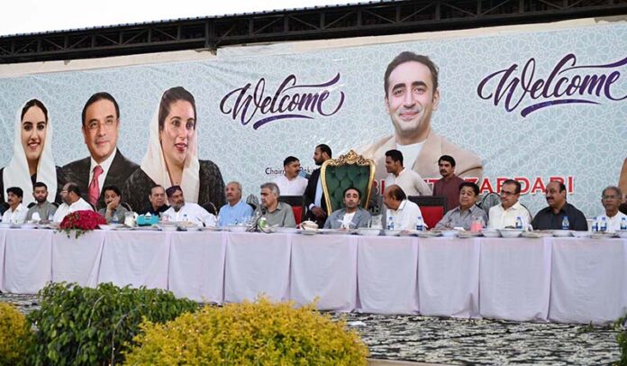Chairman Pakistan Peoples Party Bilawal Bhutto Zardari and other PPP leaders attending an Iftar-dinner hosted by MPA Sohail Anwar Khan Siyal at Anwarabad