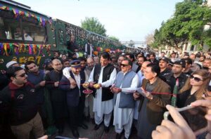 Federal Minister for Kashmir and Gilgit-Baltistan Affairs and SAFRON Engineer Amir Muqam is inaugurating Jaffar Express in Railway Station, Peshawar