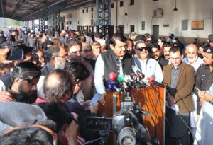 Federal Minister for Kashmir and Gilgit-Baltistan Affairs and SAFRON Engineer Amir Muqam is inaugurating Jaffar Express in Railway Station, Peshawar