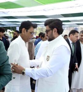 Governor Sindh Kamran Khan Tessori along with Federal Minister Education and Professional Training Dr. Khalid Maqbool Siddiqui offering Eidul Fitr prayers at Governor House