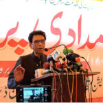 Federal Minister Dr. Khalid Maqbool Siddiqui addressing during relief program for deserving people by Khidmat-e-Khalak foundation at khidmat-e-Khalak medical foundation