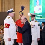 President Asif Ali Zardari conferring the award of Sitara-i-Basalat upon Captain Syed Amir Raza, during the ceremony to confer the insignias of military awards, at Aiwan-e-Sadr