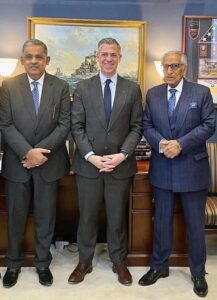SAPM Syed Tariq Fatemi meeting Senator Jim Banks in Washington DC. Ambassador Rizwan Saeed also present