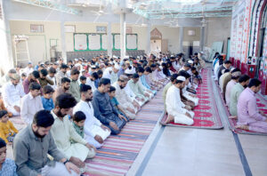 Muslim worshipers offer Juma tul Vida prayers during the holy fasting month of Ramzan in a local Mosque