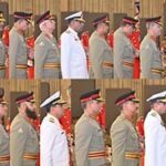 President Asif Ali Zardari conferring the award of Hilal-i-Imtiaz (M) upon senior military officials, during the ceremony to confer the insignias of military awards, at Aiwan-e-Sadr