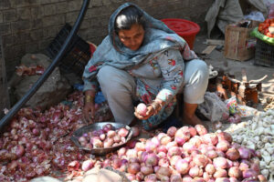 A woman sorting out onions to sell at her roadside setup