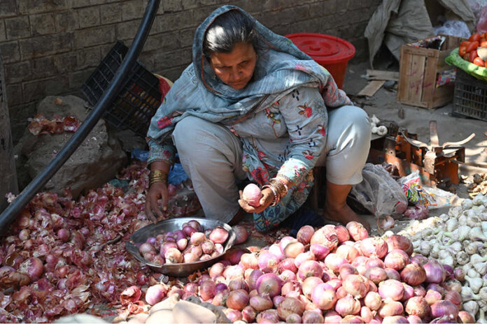 A woman sorting out onions to sell at her roadside setup