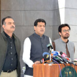 Provincial Ministers, Zahoor Ahmed Buledi, Shoaib Nosharwani and Balochistan Govt Spokesperson Shahid Rind addressing press conference regarding improvement of law and order situation in the province