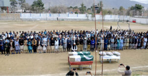 Syed Mazhar Ali Shah Secretary, Chairman Railways Islamabad along Muhammad Tahir Rai, HST, SI, PSP Inspector General Pakistan Railway Police CPO, Lahore and other railway officers offering funeral prayers of two martyrs railway personnel during terrorist attack on Jaffar Express near Bolan, at Railway Hockey ground