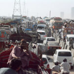 A massive traffic jams at Korangi River due to repair work at Jam Sadiq Bridge
