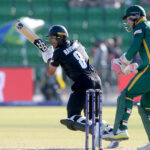 New Zealand batter Racin Ravindra playing shot during the ICC Champions Trophy one-day international (ODI) semi-final cricket match between New Zealand and South Africa at the Gaddafi Stadium