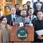 Chief Minister Balochistan Mir Sarfaraz Bugti addressing a press conference at CM Secretariat. Federal Ministers including Aurangzeb Khan, Sardar Awais Leghari, Ahad Cheema are also seen