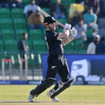 New Zealand batter Kane Williamson playing shot during the ICC Champions Trophy one-day international (ODI) semi-final cricket match between New Zealand and South Africa at the Gaddafi Stadium