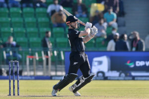 New Zealand batter Kane Williamson playing shot during the ICC Champions Trophy one-day international (ODI) semi-final cricket match between New Zealand and South Africa at the Gaddafi Stadium