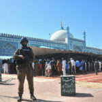 Security personnel standing high alert at Eidgah Masjid during Namaz-e-Juma-tul-Wida (Friday’s Prayer) in the fasting month of Ramzan
