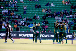 New Zealand batter Kane Williamson playing shot during the ICC Champions Trophy one-day international (ODI) semi-final cricket match between New Zealand and South Africa at the Gaddafi Stadium