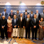 Federal Minister for Parliamentary Affairs Dr. Tariq Fazal Chaudhry and Ambassador of Turkmenistan to Pakistan, Atajan Movlamov in a group photo with the dignitaries at the International Conference on ‘The Role of Neutrality in Strengthening International PEACE’ organized by Embassy of Turkmenistan to Pakistan with the collaboration of Institute of Peace and Diplomatic Studies to celebrate 30th Anniversary of Neutrality Status of Turkmenistan at a local hotel