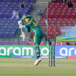 South Africa's Ryan Rickelton plays a shot during the ICC Champions Trophy one-day international (ODI) cricket match between England and South Africa at National Stadium