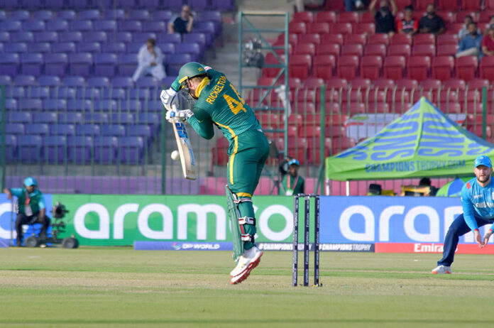 South Africa's Ryan Rickelton plays a shot during the ICC Champions Trophy one-day international (ODI) cricket match between England and South Africa at National Stadium