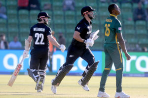 New Zealand batter Kane Williamson playing shot during the ICC Champions Trophy one-day international (ODI) semi-final cricket match between New Zealand and South Africa at the Gaddafi Stadium