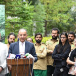 Federal Minister for Climate Change & Environmental Coordination Musadik Masood Malik Addressing a press conference regarding a ceremony of the shifting of the Asian Black Bear (Rocky) to its new enclosure at Rescue & Rehabilitation Center, Old Margzar Zoo