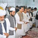 Chairman Senate Syed Yusuf Raza Gilani offers the Eidul Fitr prayers at the shrine of Musa Pak Shaheed