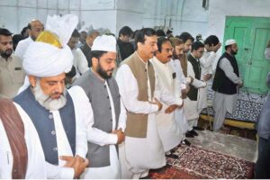 Chairman Senate Syed Yusuf Raza Gilani offers the Eidul Fitr prayers at the shrine of Musa Pak Shaheed