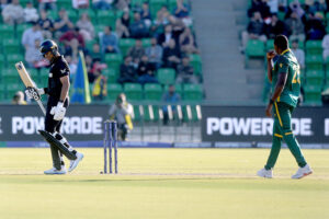 New Zealand batter Kane Williamson playing shot during the ICC Champions Trophy one-day international (ODI) semi-final cricket match between New Zealand and South Africa at the Gaddafi Stadium
