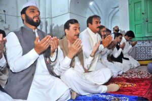 Chairman Senate Syed Yusuf Raza Gilani offers the Eidul Fitr prayers at the shrine of Musa Pak Shaheed